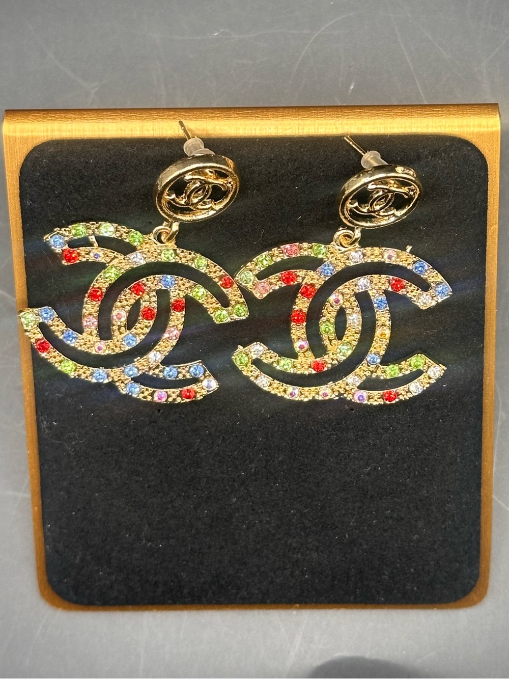 Gold-Tone Multicolor Crystal CC Dangle Earrings